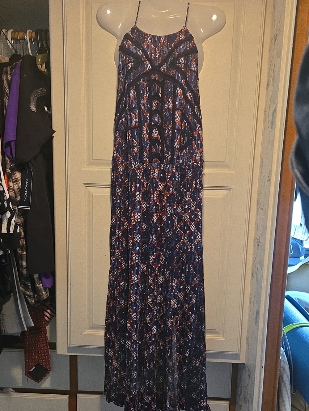 Lucky Brand Navy and Rust Printed Spaghetti-Strap Maxi Dress
